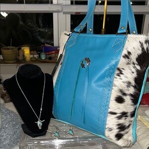 Myra Bag Teal/Animal Hair Tote with Silver/Turquoise Necklace & Earring Set NWT